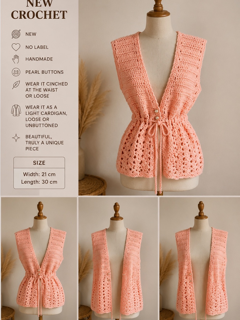Handmade Crochet Drawstring Vest in baby  pink